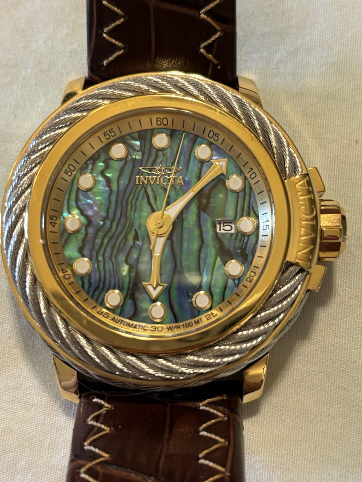 Invicta Bolt Men’s Automatic Watch Gold Tone Abalone Brown Leather model 24432