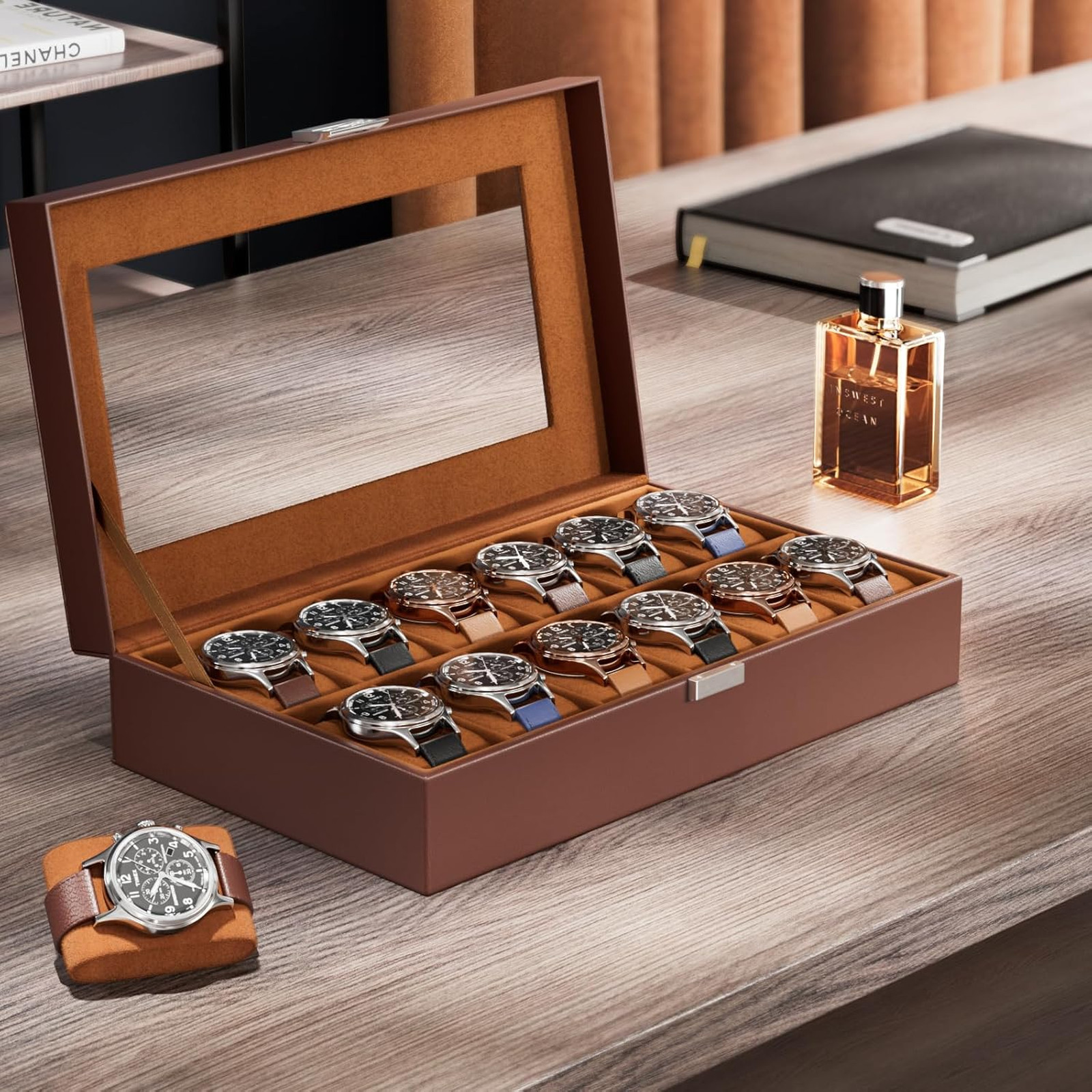 Watch Organizer Box with Glass Lid, 12 Slot Watch Display Case in Brown