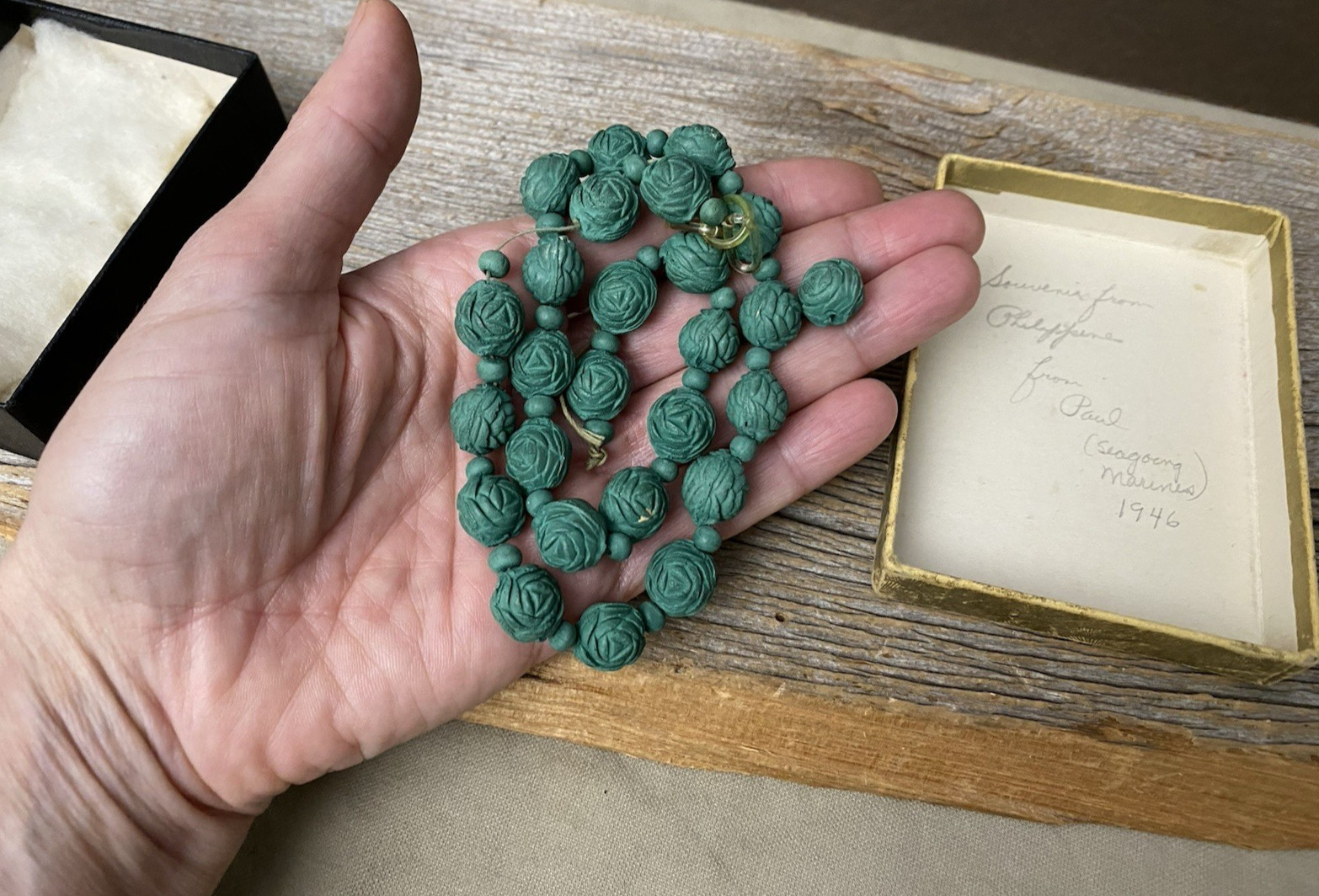 Vintage 1946 Philippines Souvenir Carved Green Floral Bead Necklace