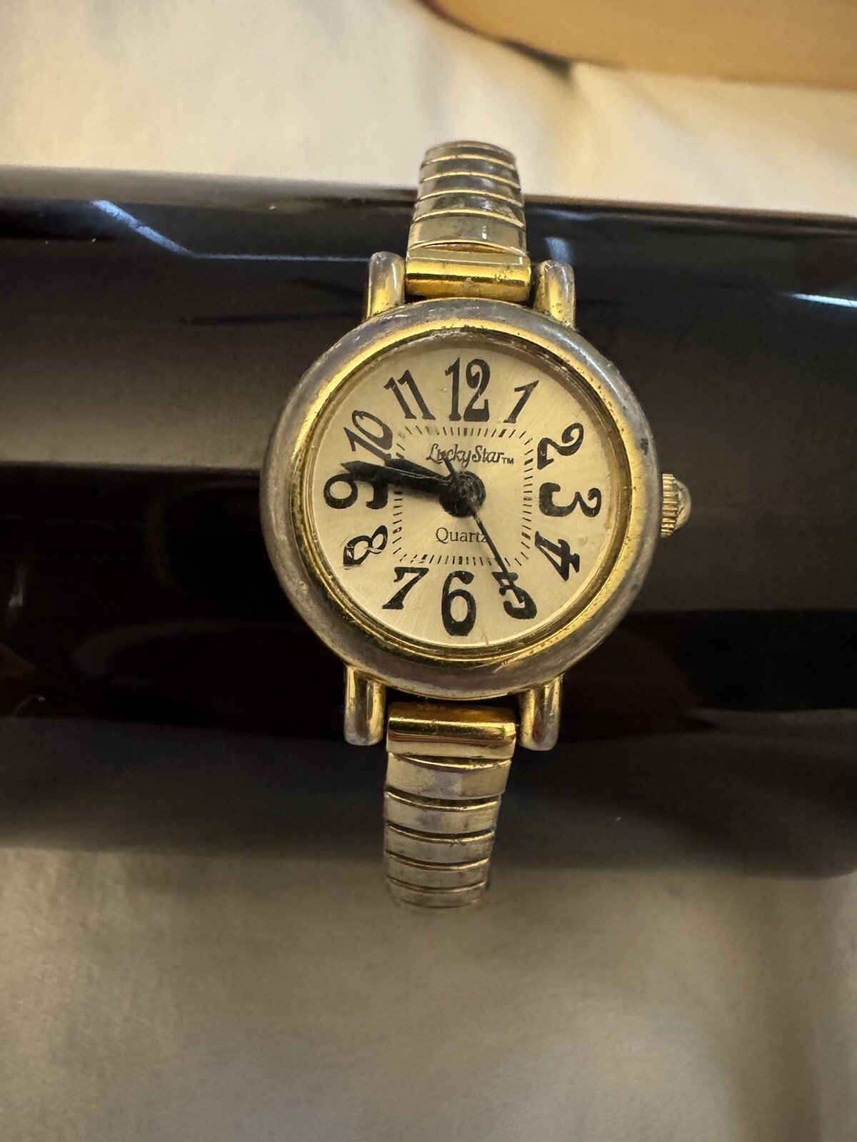 Vtg Lucky Star Watch Womens Retro Gold Tone Stainless Steel Bubble Dome Face