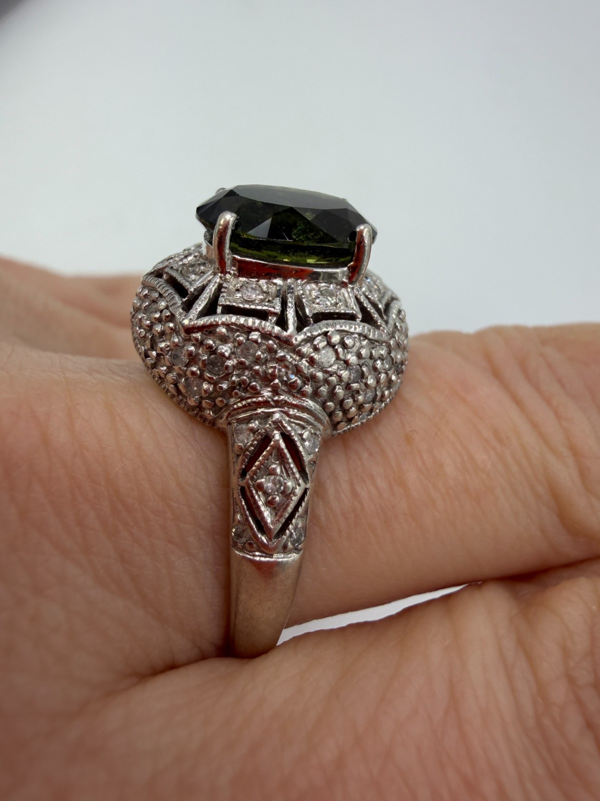 Sterling Silver Ring Olive Green Revival Deco Style Cocktail YSG Size 10 PX