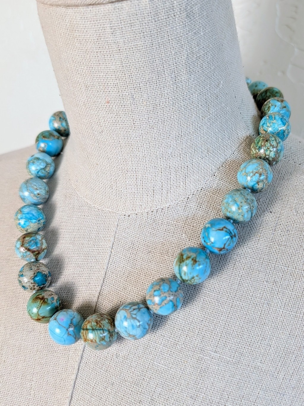 Chunky Turquoise Look Matrix Bead Necklace 19.5in Blue Boho Statement 140g