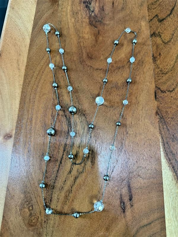 Long Clear Crystal Beaded Necklace Silver Tone Ball Beads Station Fashion Jewelr