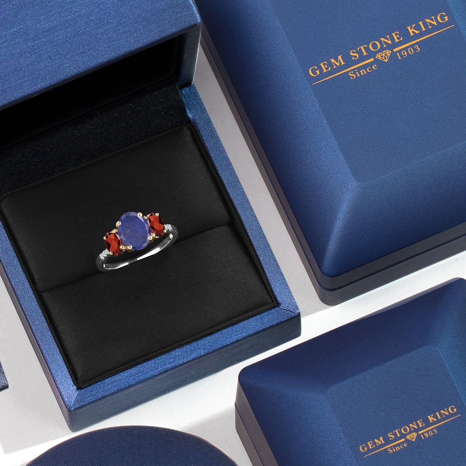 925 Silver and 10K Yellow Gold Blue Lapis and Garnet and Lab Grown Diamond