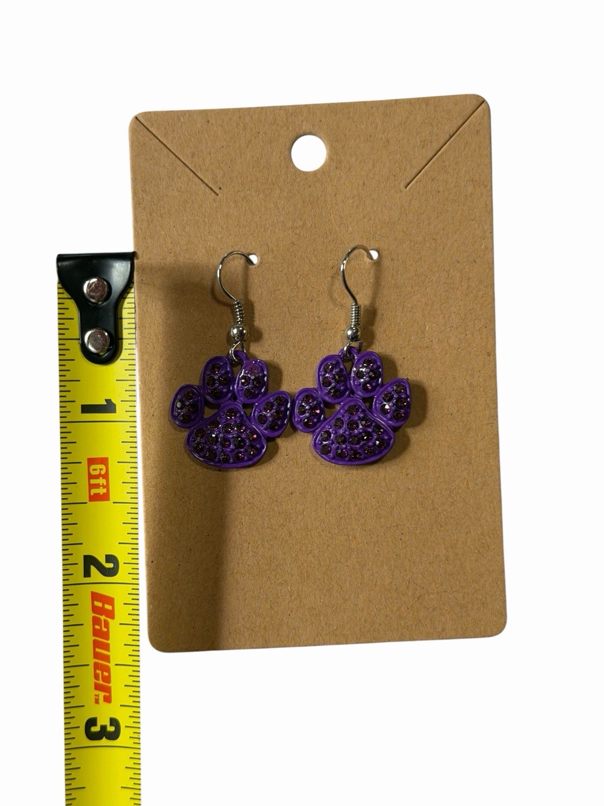 Purple Paw Print Rhinestone Dangle Earrings Glitter Animal Mascot Drop Jewelry