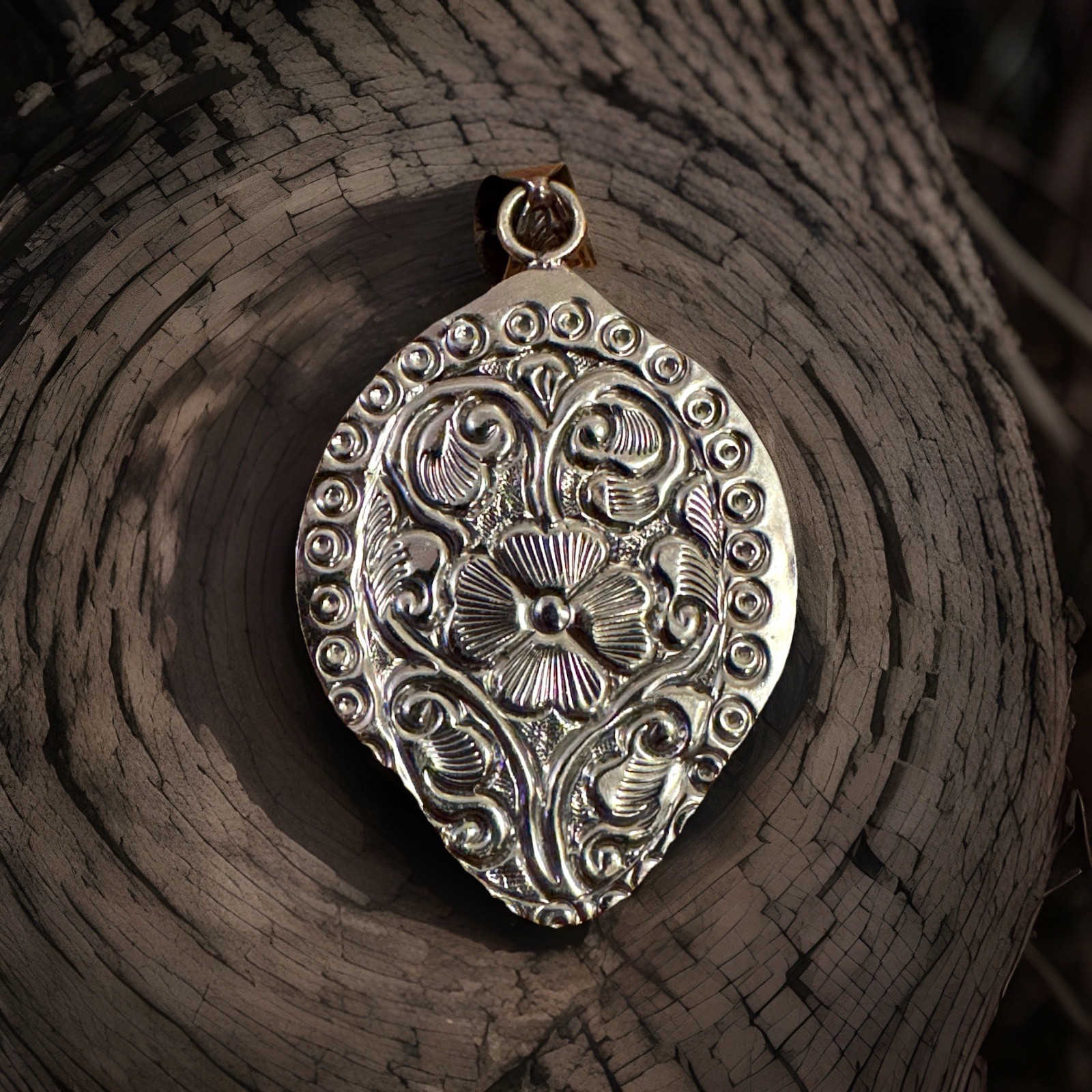 Hand Carved Bone Pendant,Bison Art,Auspicious Floral Carving,Turquoise & Silver