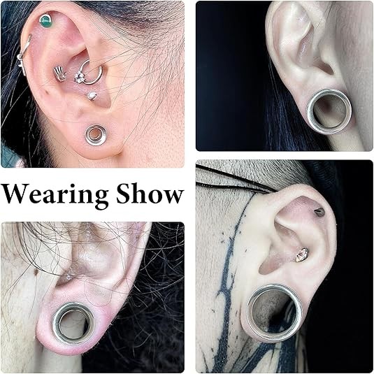 8 Pairs Single Flare Hollow Flesh Tunnels Ear Gauge Plug O Ring Piercing 6G-5/8″