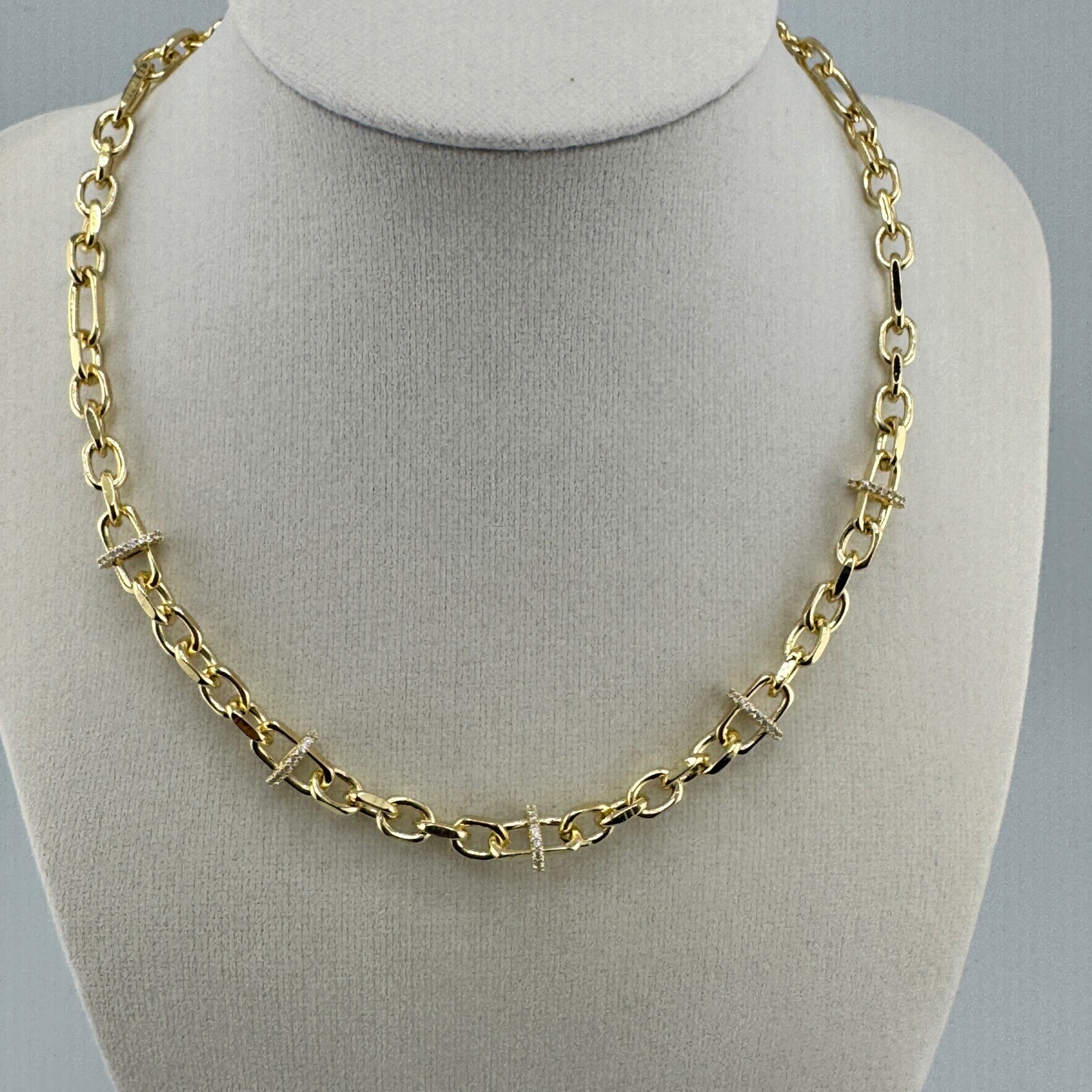 Gold Tone Pavé Crystal Bar Link Chain Necklace Adjustable Paperclip Style