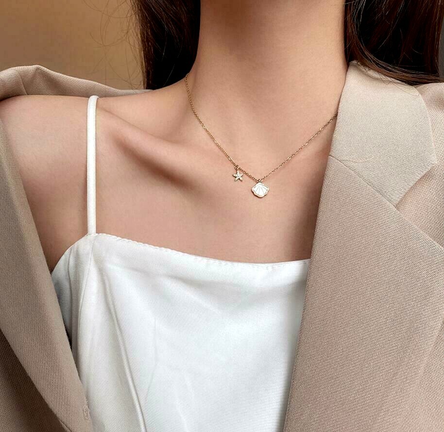 Tiny Silver/Gold/Rose Gold Pave CZ Shell Starfish Pendant Chain Necklace