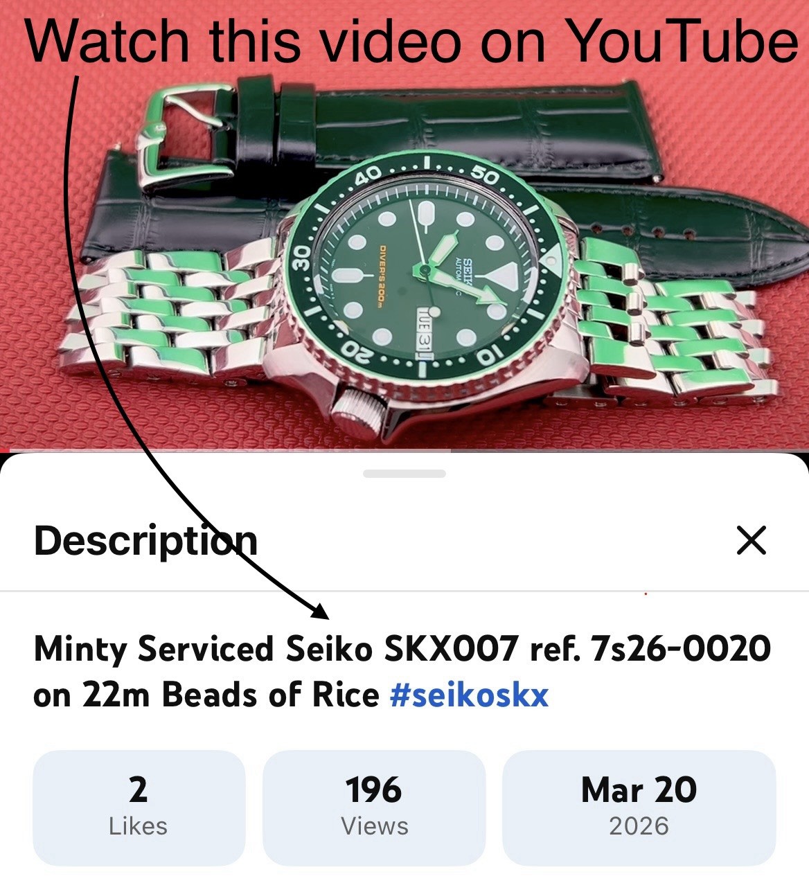 Seiko Diver SKX007 7S26-0020 w/ Steel Beads Of Rice Bracelet + PROOF OF SERVICE