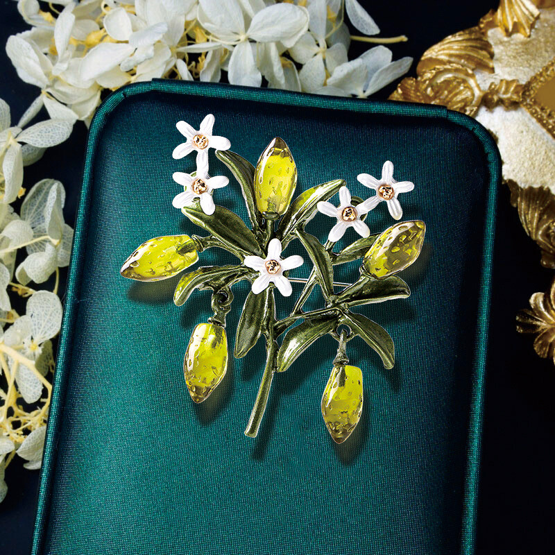 women vintage green plant flower brooch crystal fruit pins jewelry