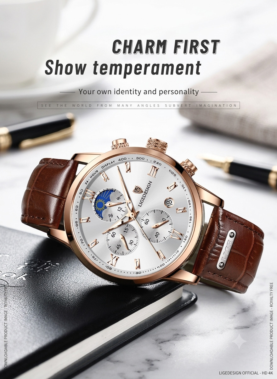 Men’s Watches Quartz Luminous Date Dial Waterproof Leather Business Wristwatch
