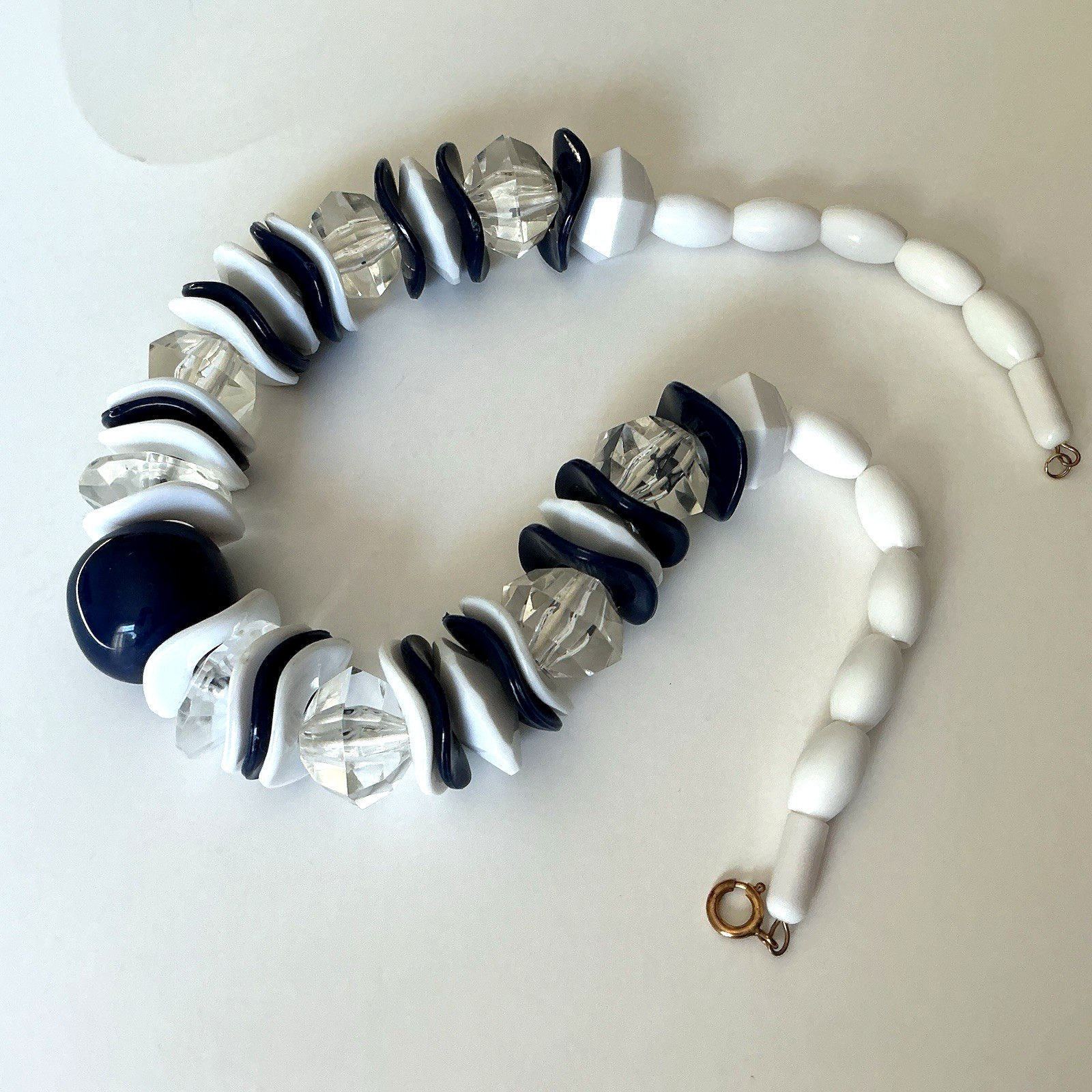 VTG Rare Necklace Statement Chunky White Blue Clear Lucid Bead 19″ Czech Rep New