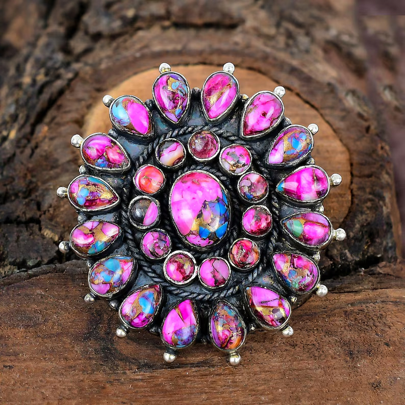 Kingman Pink Dahlia Turquoise Ring Sterling Silver Handmade Gemstone