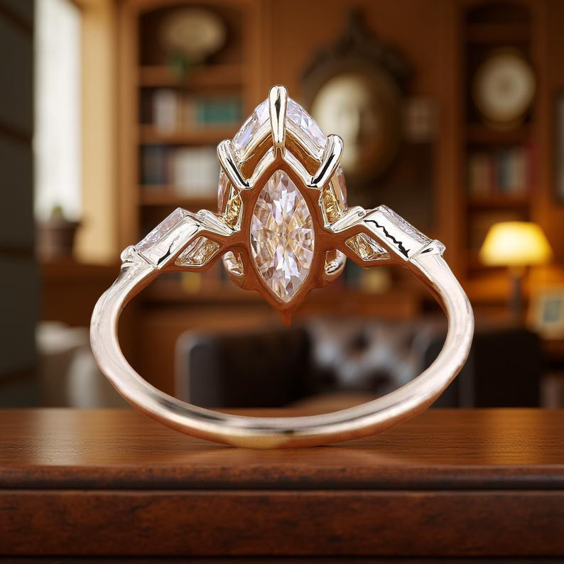 2CT Marquise Moissanite Engagement Ring With Kite Side Stones • Vintage Style