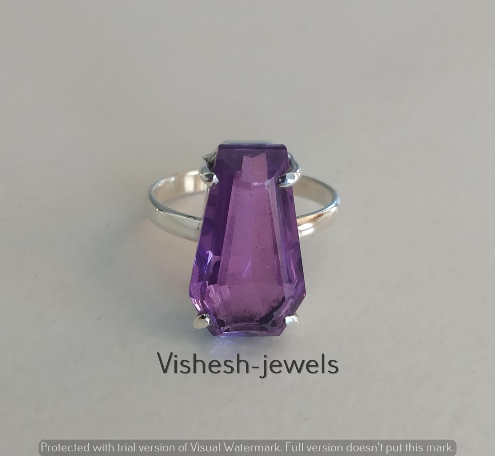Solid 925 Sterling Silver Amethyst Coffin Shape Gems Ring Jewelry US 7.5 VJ-393