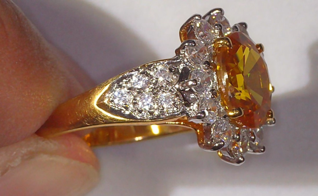 Vtg 18K Yellow Gold Plated Faux Citrine & Faux Diamond Cocktail Ring – Size 9.75