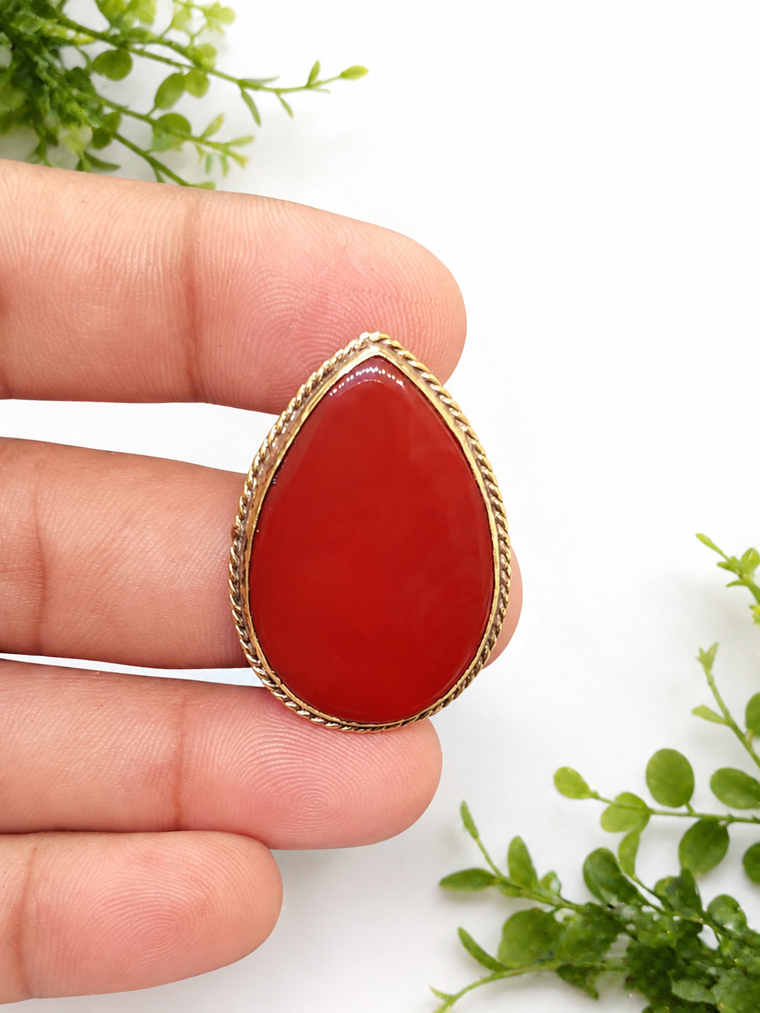 Brass Groove Red Onyx Pendant Gold Plated Natural Gemstone Handmade Jewelry