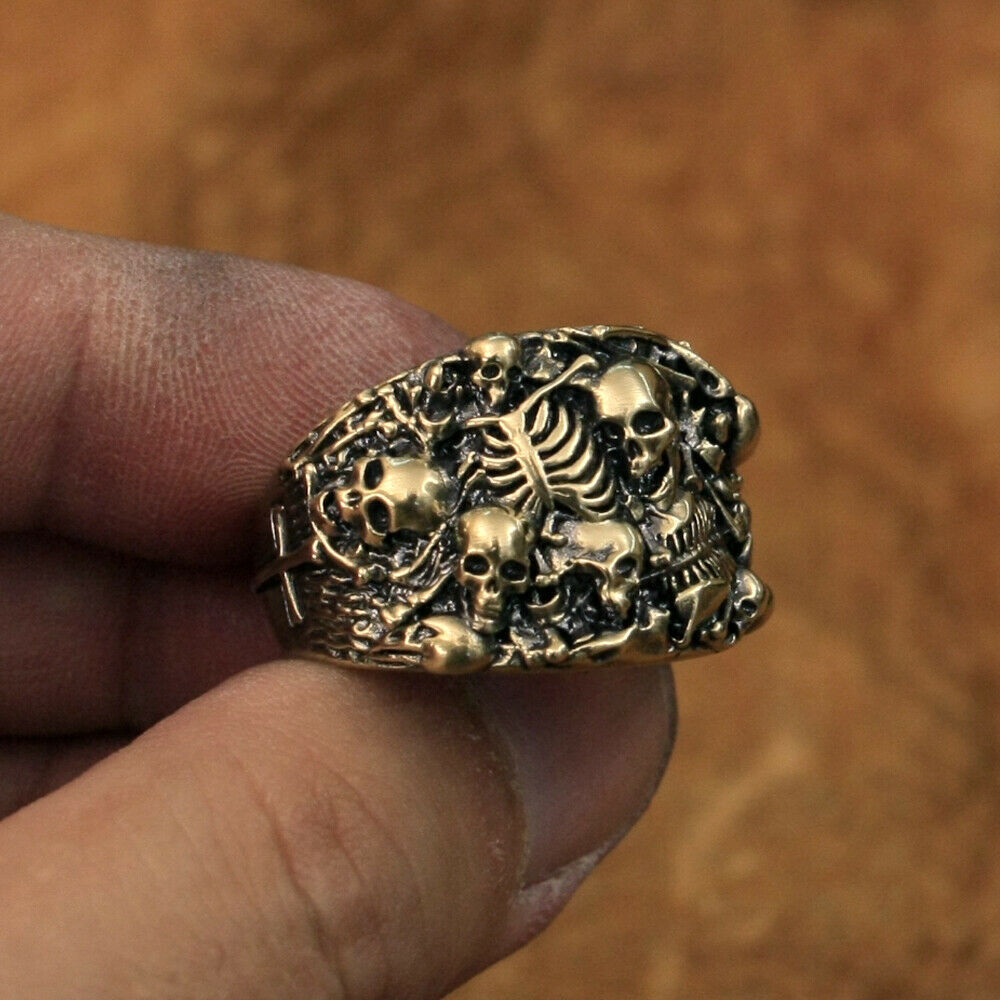 LINSION Rings Brass Skulls Grave Ring Mens Punk Jewelry BR257D US Size 7~15