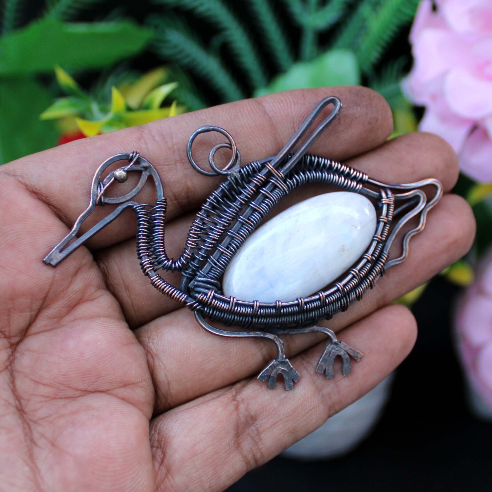 Rainbow Moonstone Jewelry Gift For Sister Copper Wire Wrapped Bird Pendant