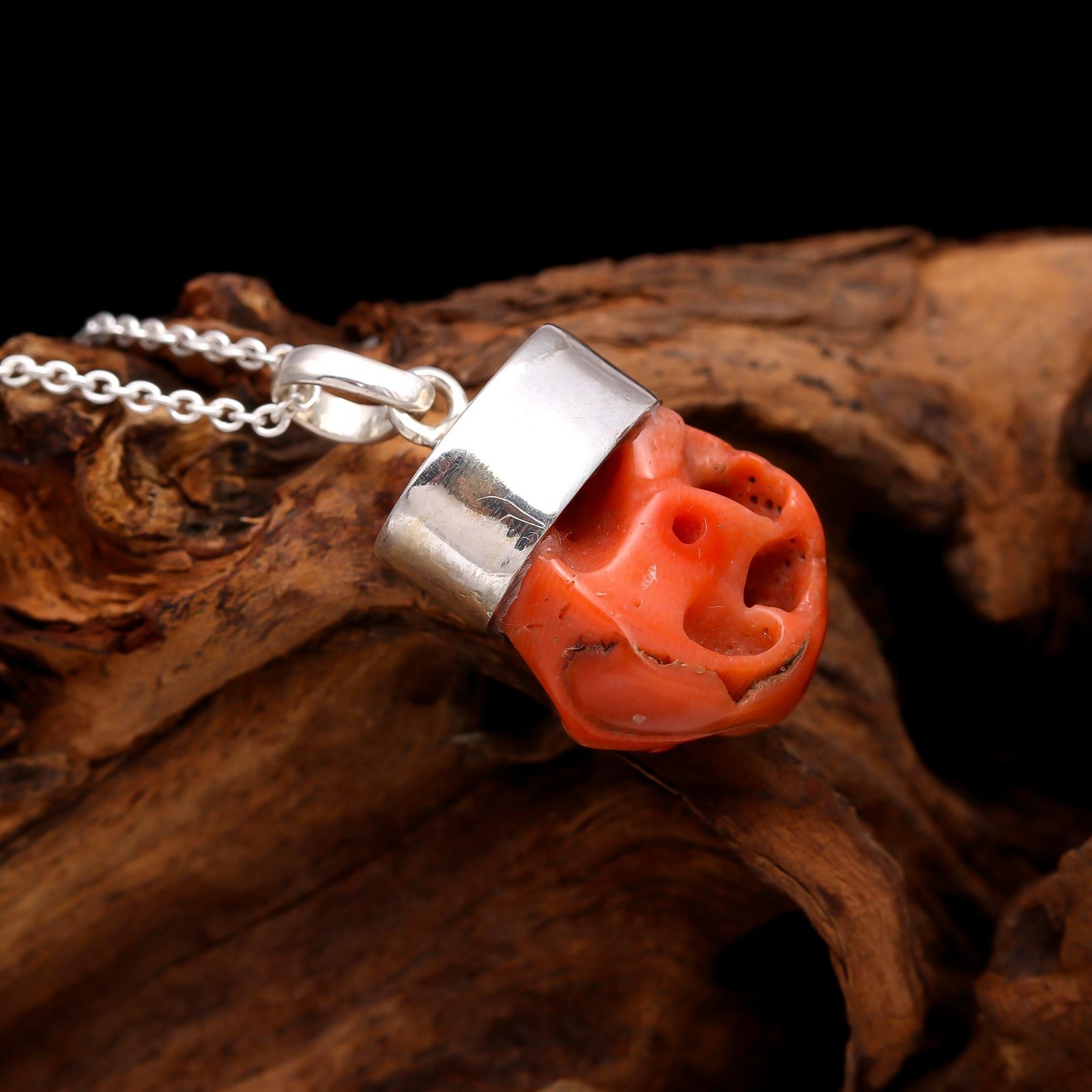 Natural Italian Red Coral Rough Chain Pendant 925 Sterling Silver Unique Jewelry