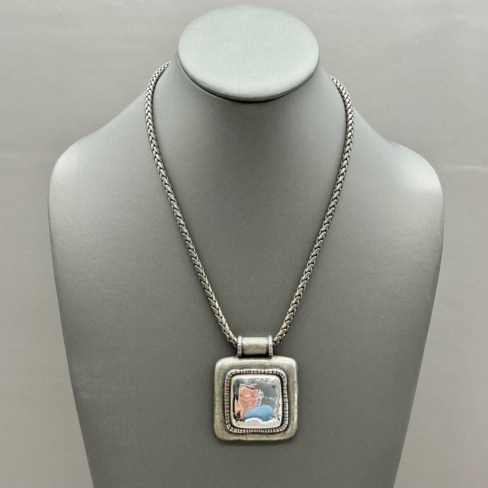 Chico’s Necklace Womens Silver Tone Square Pendant Braided Chain 18-21 Inches