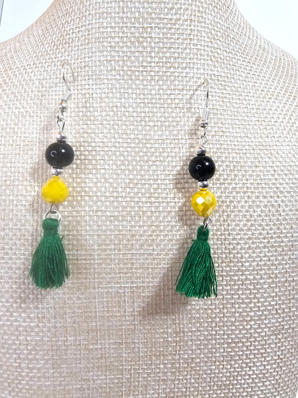 Jamaica Black Yellow Green Tassle Earrings w/ silver accessories