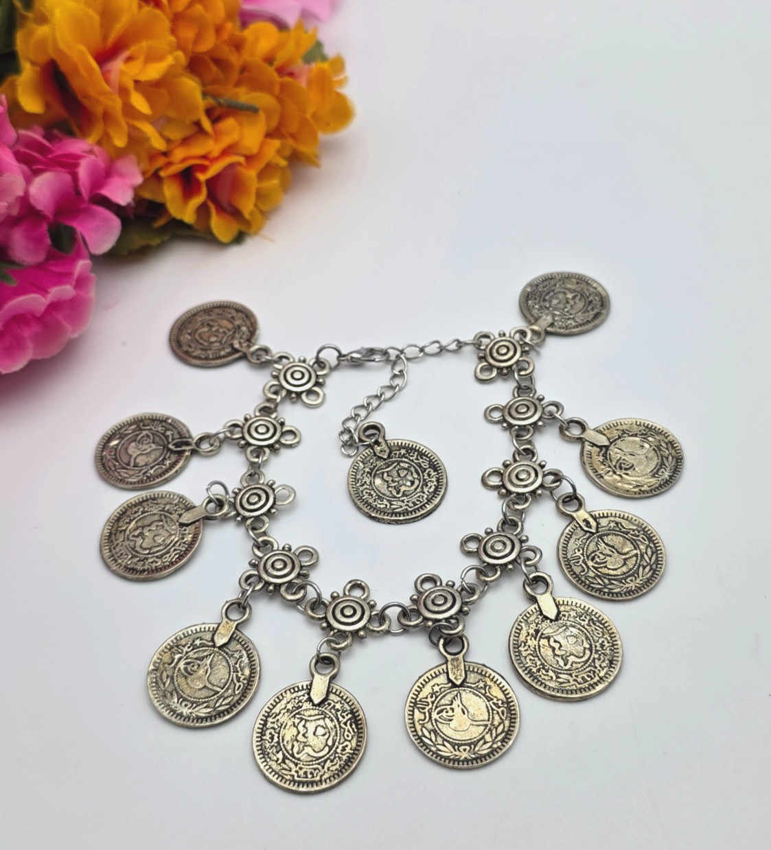 Boho Ottoman Style Coin Charm Bracelet Silver Tone Dangle 7 To 9.5 In Adjustable