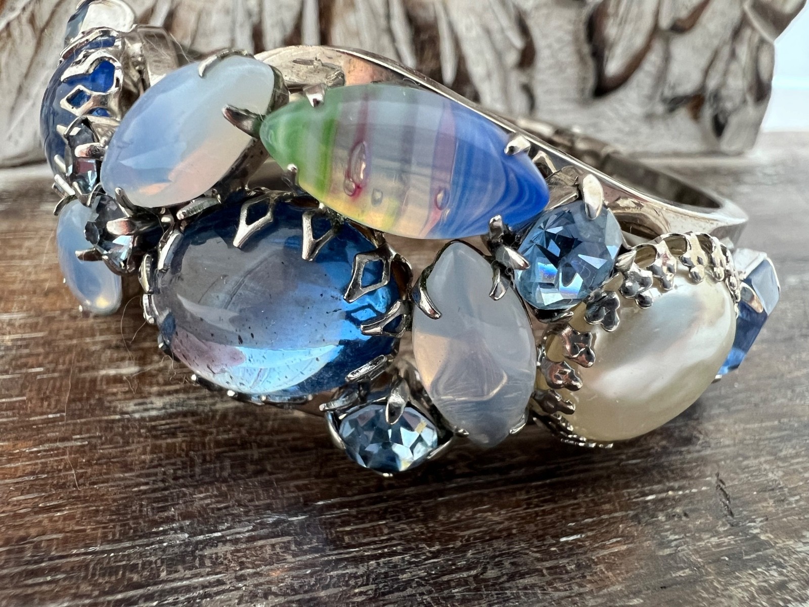 A132 Vintage Juliana Blue Glass Givre Cabochon Pearl Silve Clamper Bracelet