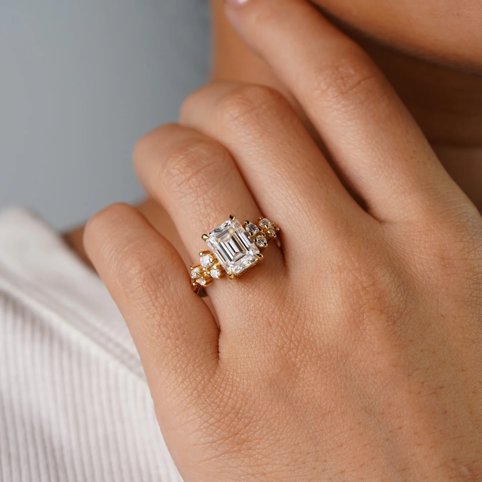 2.70Ct Emerald Cut EF/VS1 Lab Grown Diamond Cluster Wedding Ring 14K Yellow Gold