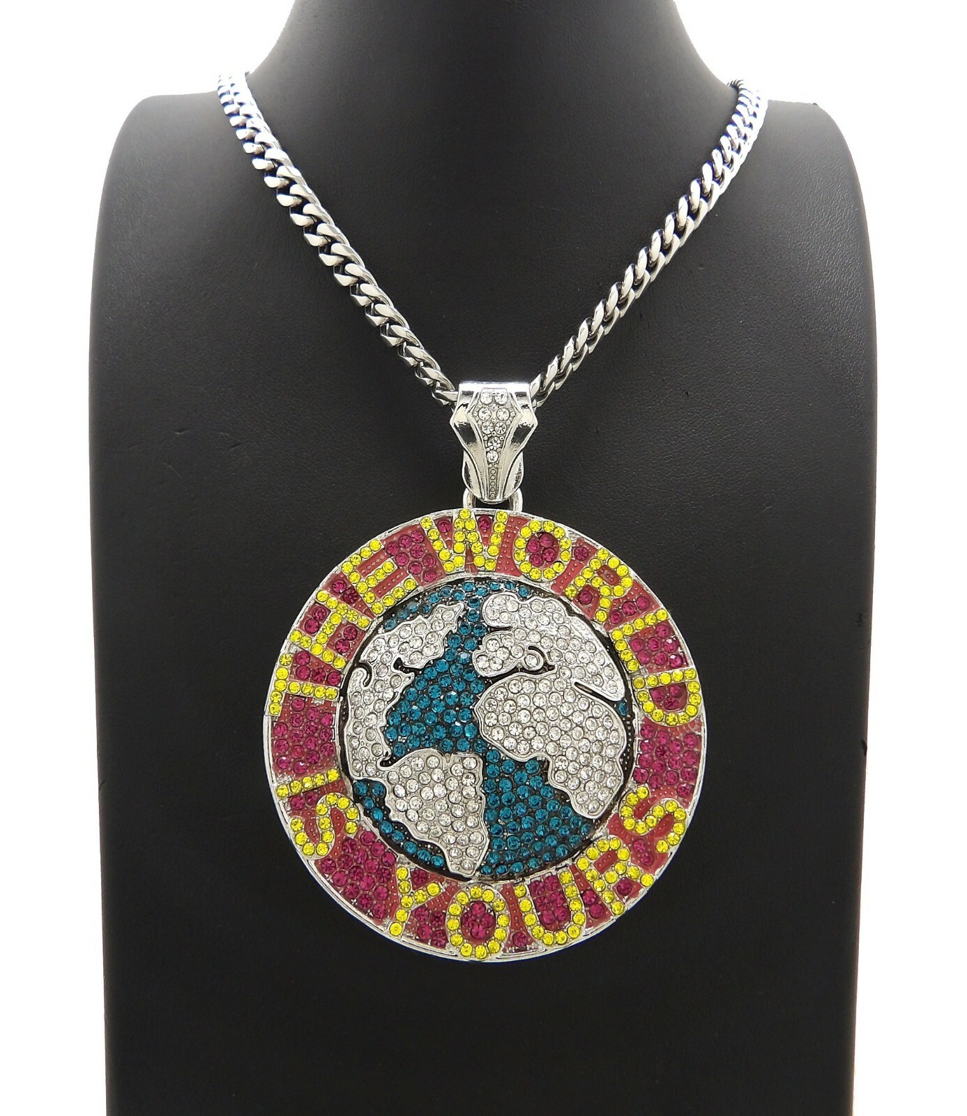 THE WORLD IS YOURS LARGE PENDANT & 6mm 36″ STAINLESS STEEL CUBAN CHAIN NECKLACE