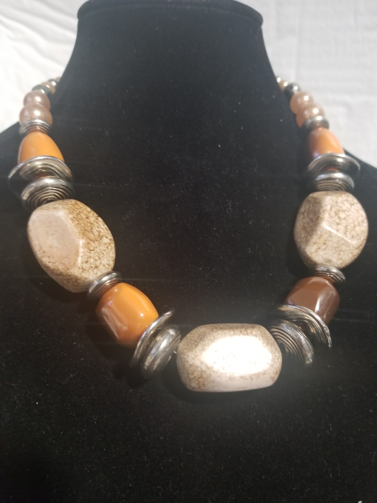 Necklace Chunky Brown Peach Silver. Length 20 Inches.