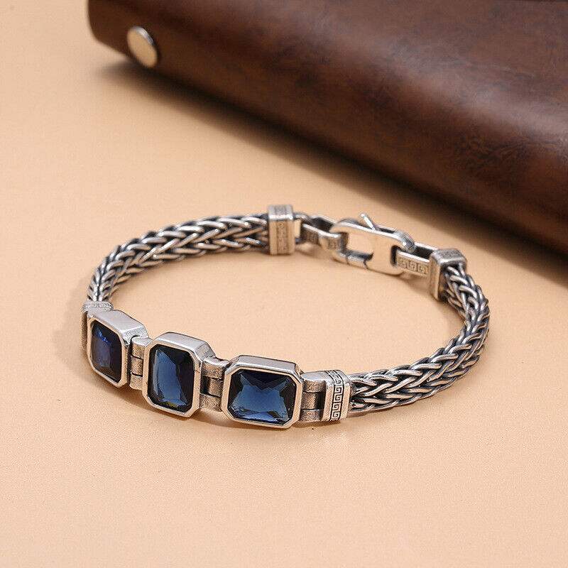 Pure S925 Sterling Silver Bracelet Women Men Blue Square Crystal Wheat Link