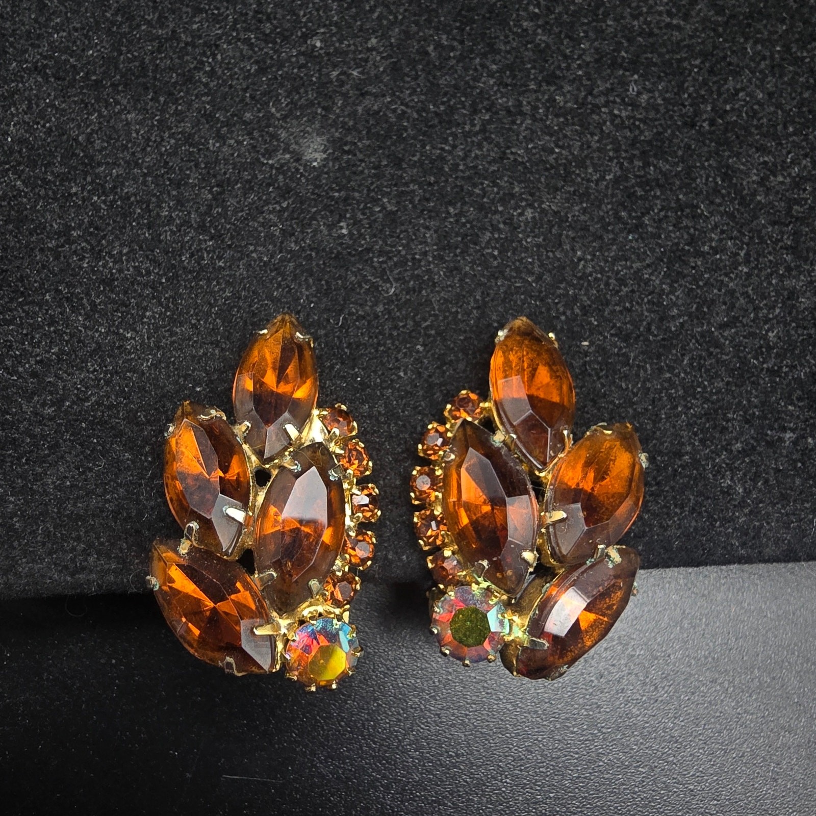 Faux Citrine Amber Rhinestone Clip On Earrings Vintage Glam Costume Jewelry