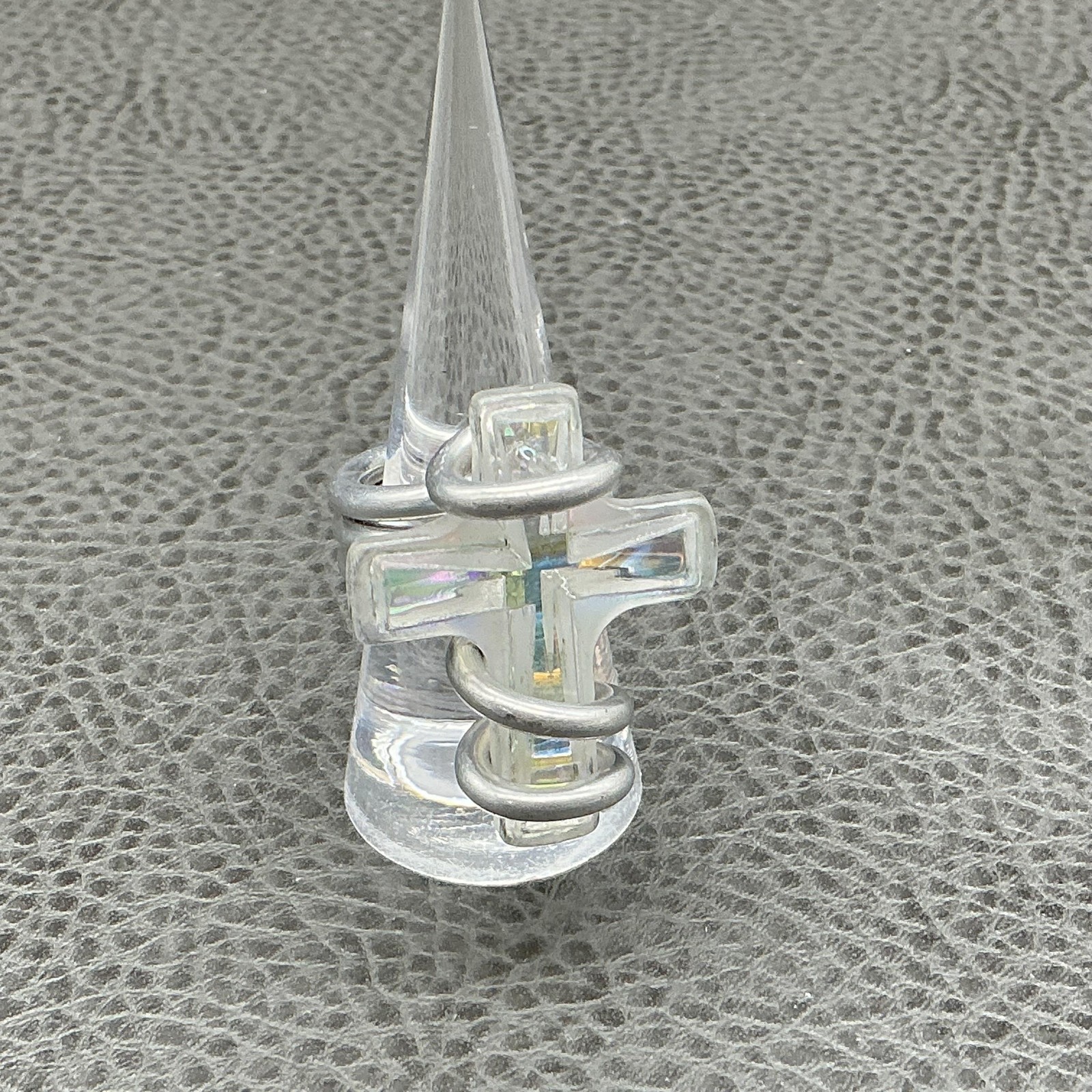 Silver Tone Wrap Ring Size 8 Clear Crystal Cross Statement Cocktail Fashion