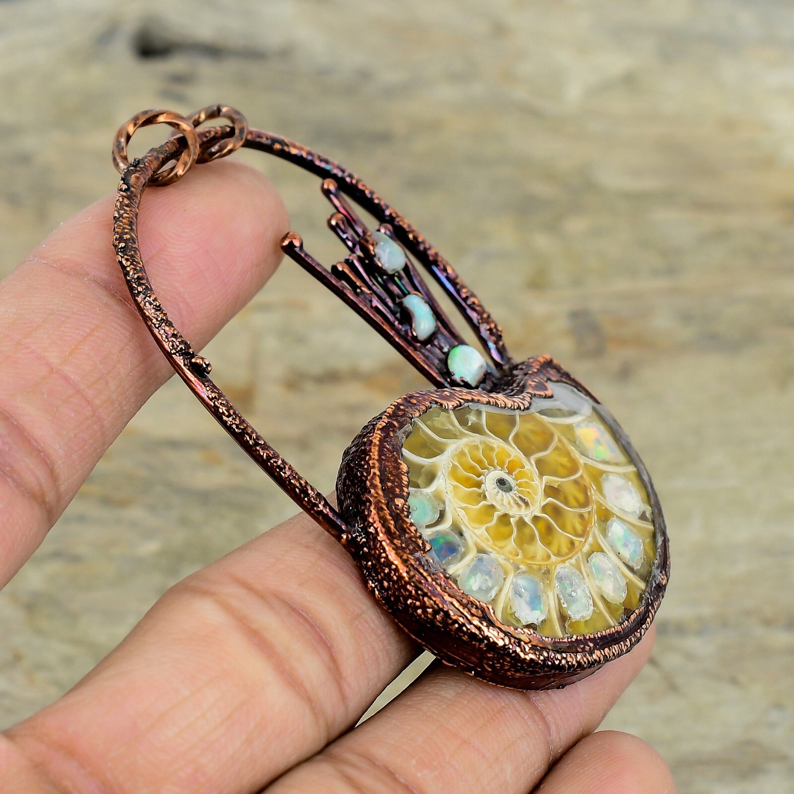 Natural Ethiopian Opal In Ammonite Fossil Birthday Electroformed Pendant Copper