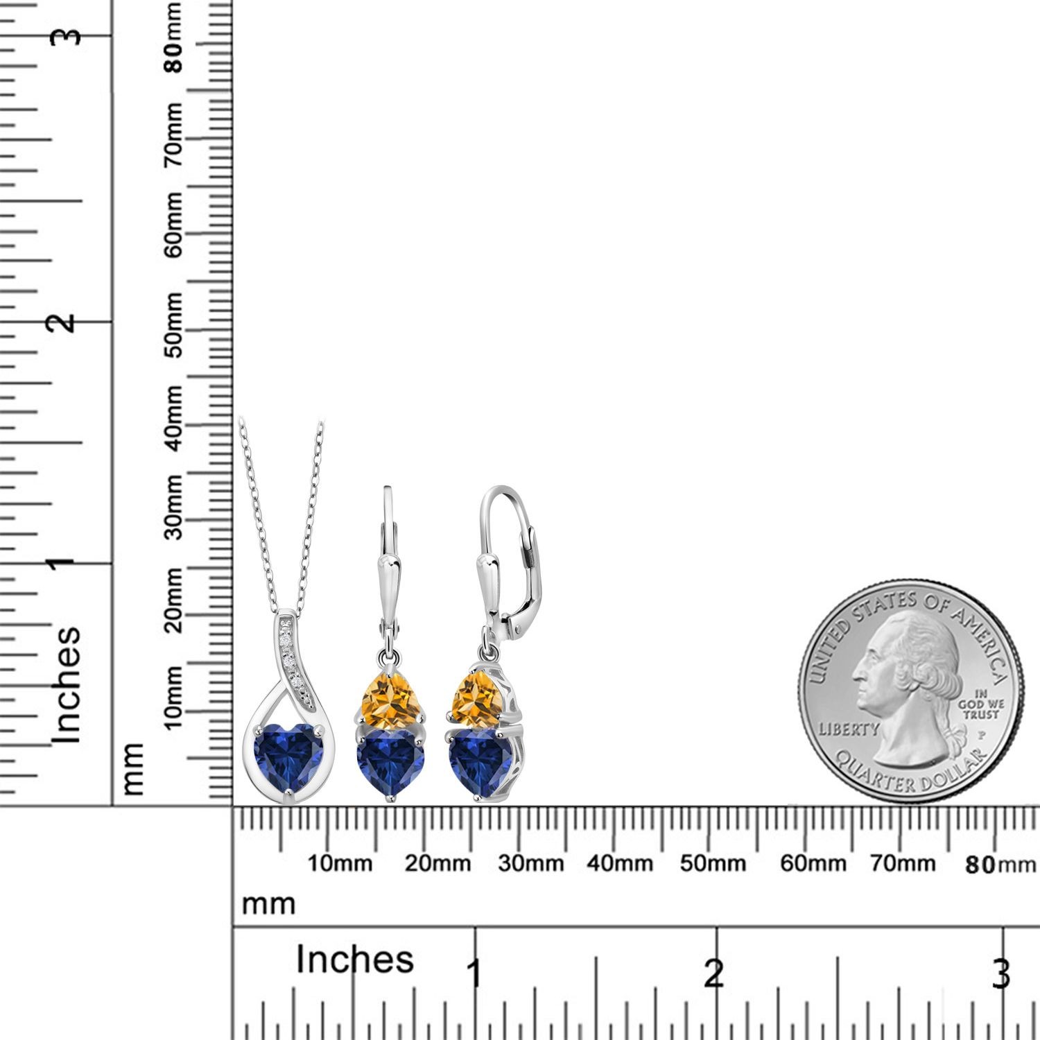 925 Sterling Silver Created Sapphire and Citrine Pendant Earrings Set For Women