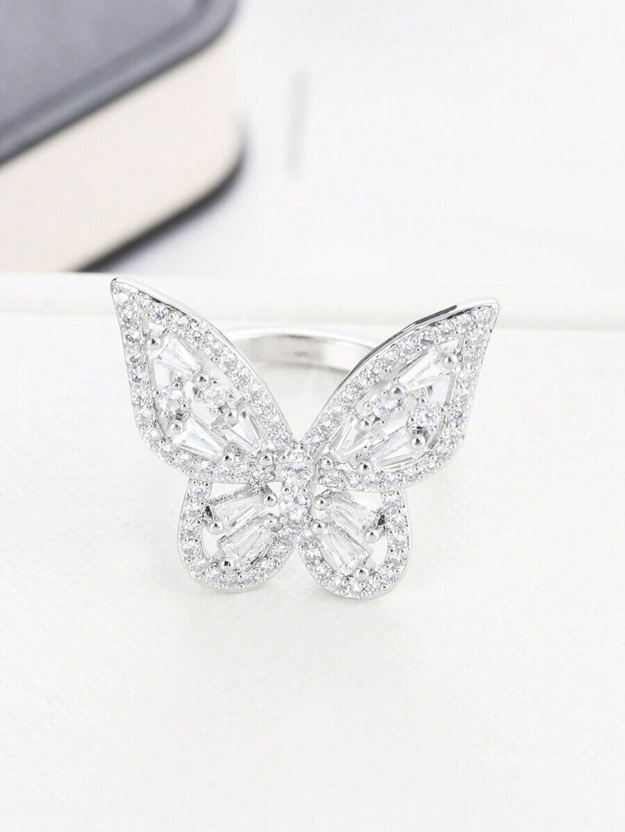 4ct Baguette Cut Simulated Diamond Butterfly Cocktail Ring 14K White Gold Plated