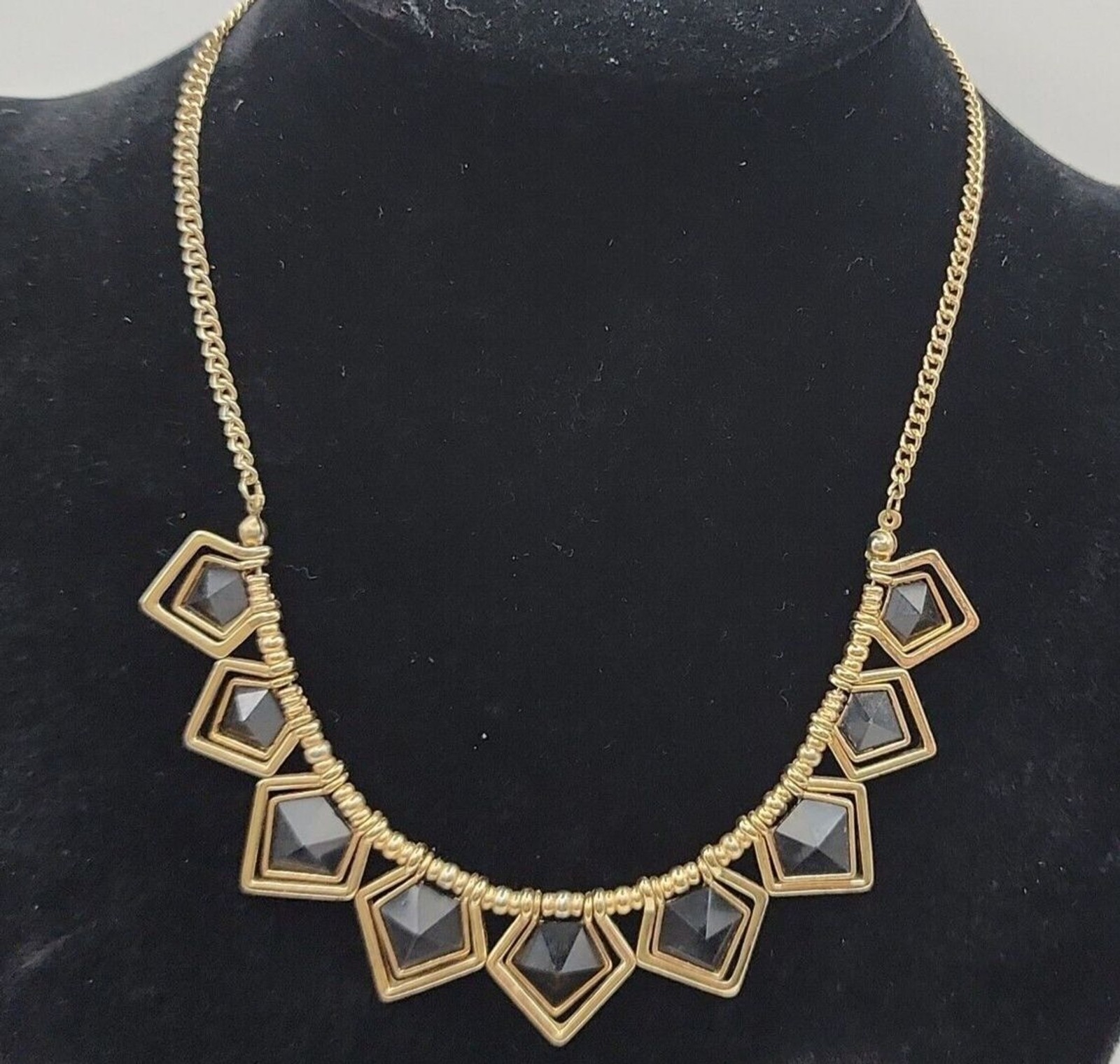 Black Geometric Pentagon Gold Tone Statement Necklace – 17.5″