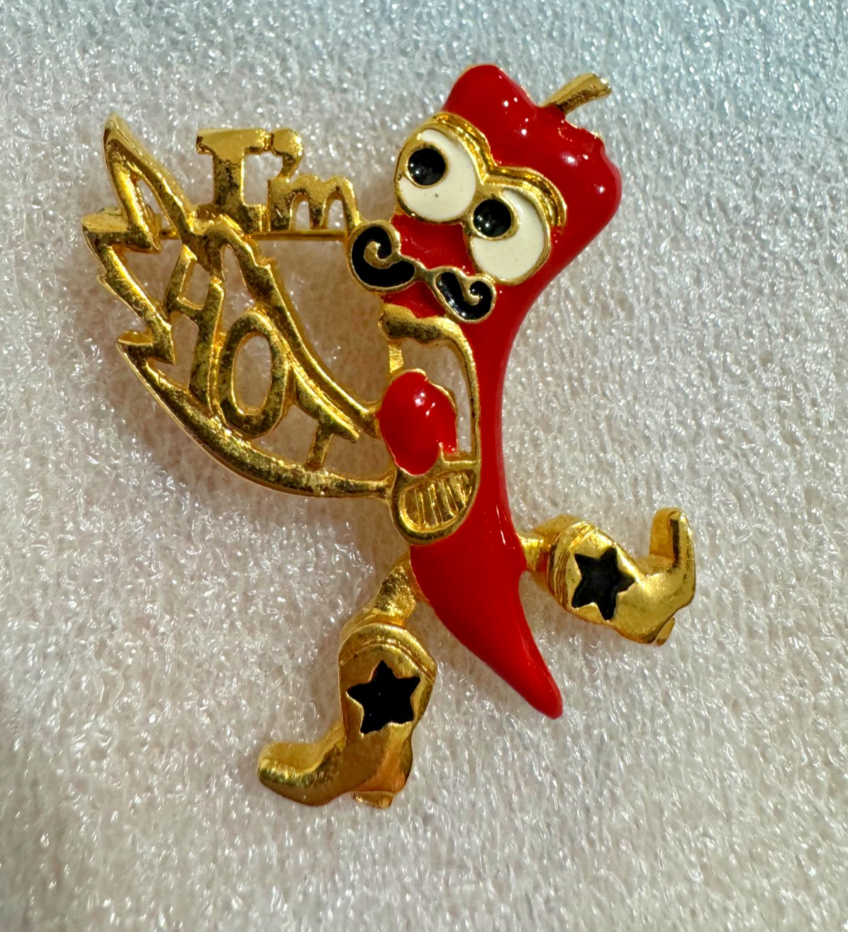 Vtg REN Renata K I’m Hot Chili Pepper Brooch Red Pin Enamel Gold Tone Funny