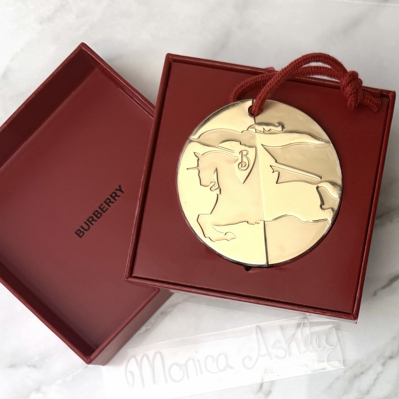 Burberry Metal Gold-Tone Round Brand Engraved Medallion Pendant Ornament, NIB