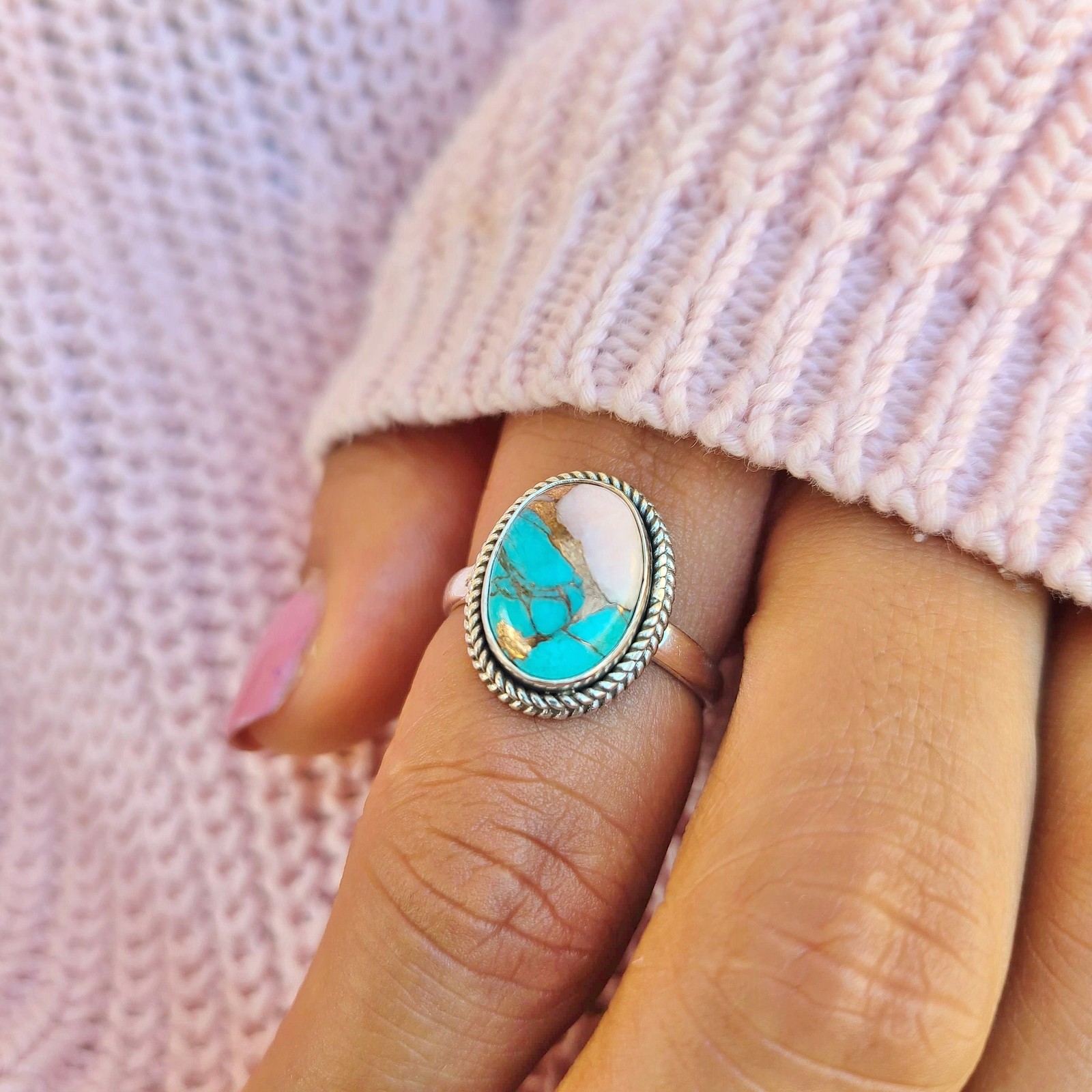 Oyster Copper Turquoise Ring 925 Sterling Silver Spiny Turquoise Statement Ring