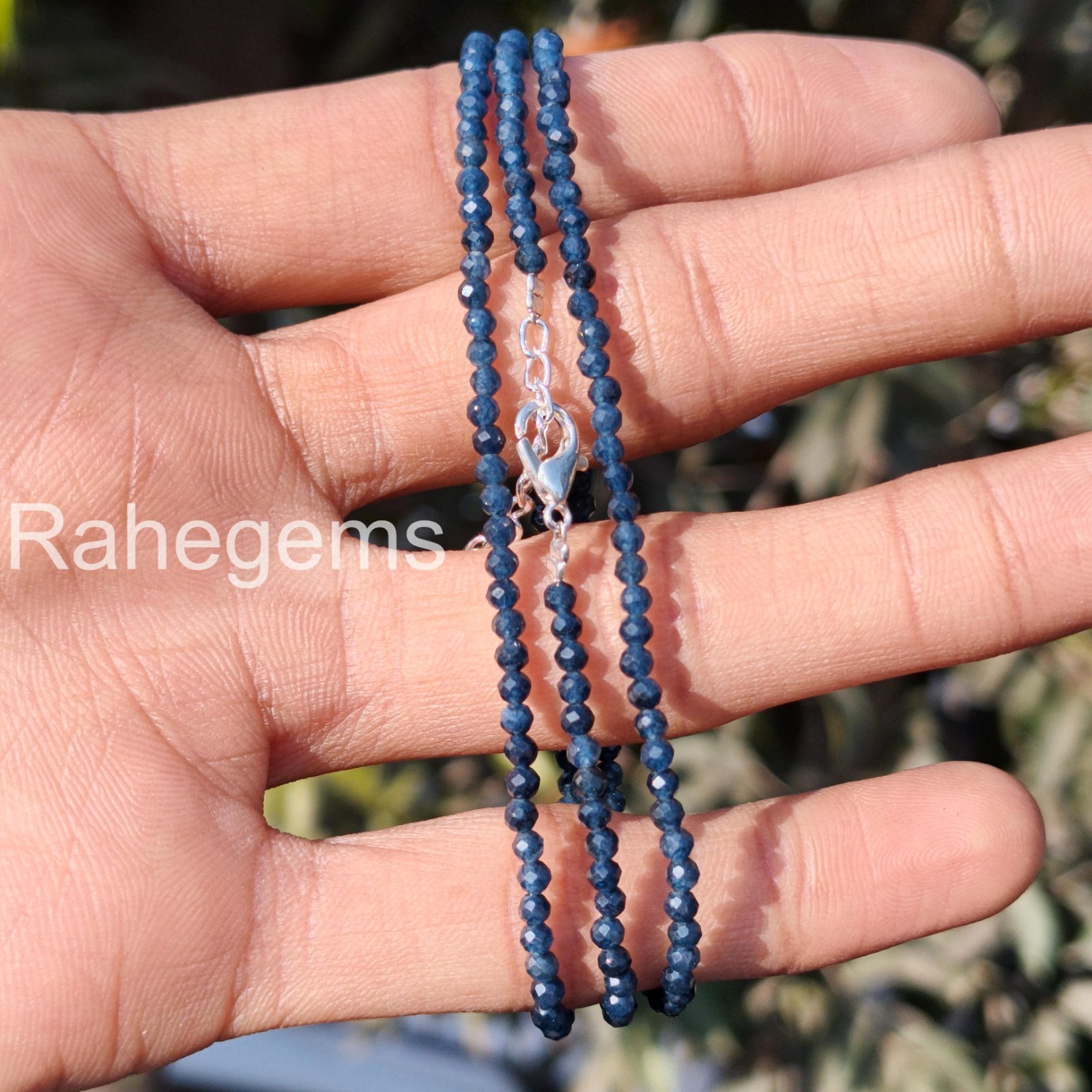 Blue Sapphire Necklace 2mm Micro Faceted Beads, Dainty Real Gemstone Choker, Min