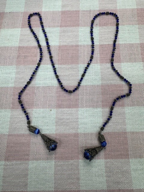 Vintage Czech Style Cobalt Blue Glass Sautoir Lariat Necklace Cat’s Eye 36″ Boho