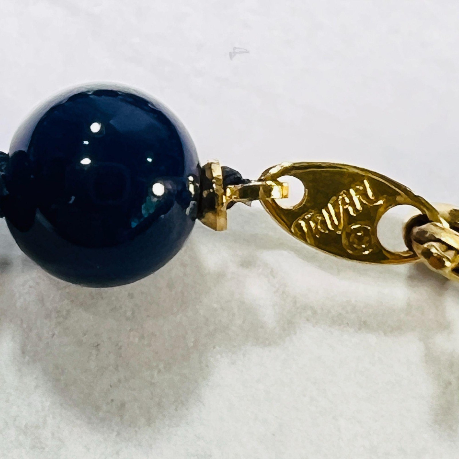 Vintage Trifari Beaded Choker Necklace 15.5″ Navy Blue Lucite 8mm Knotted Signed