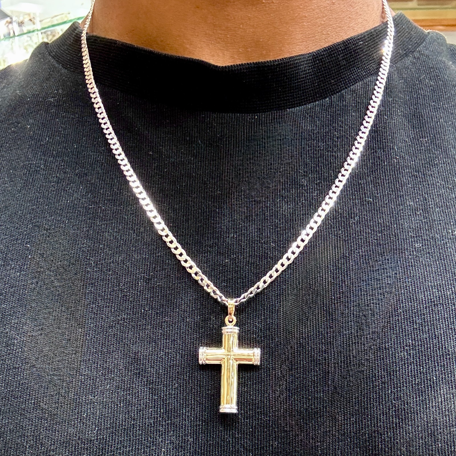 9ct Yellow and White Gold Hollow Tube Plain Cross Pendant Free Shipping