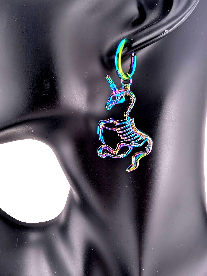 PRANCING UNICORN SKELETONS EARRINGS anodized oilslick rainbow pendant & hoop E5
