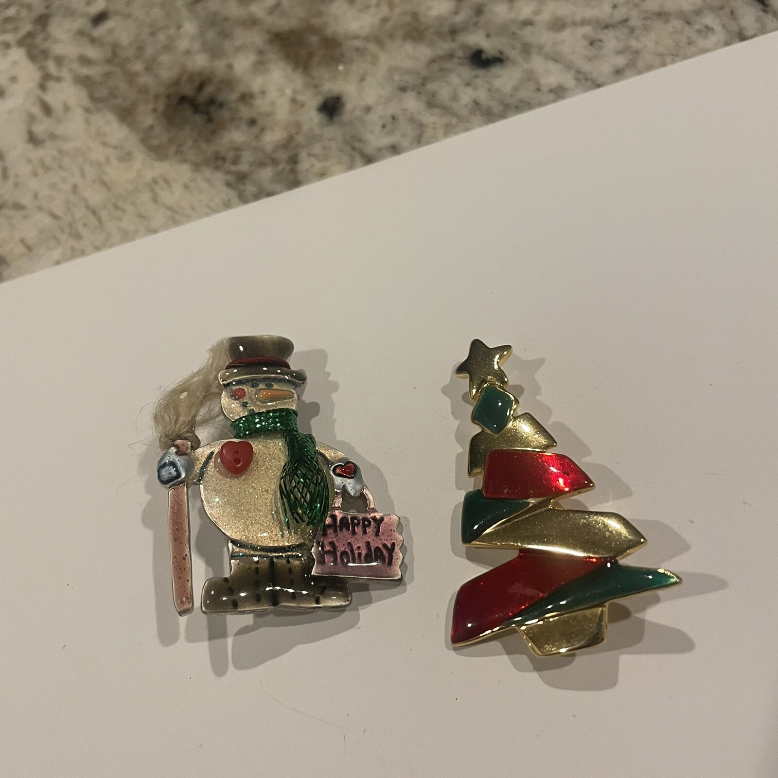 Danecraft Christmas Tree / AJMC Happy Holiday Snowman Lot Of 2 Brooch Pin