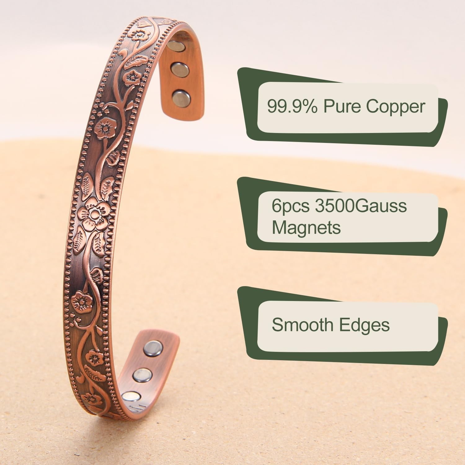 Elegant 99.9% Pure Copper Magnetic Flower Bracelet for Women, 6.3 Inch Cuff