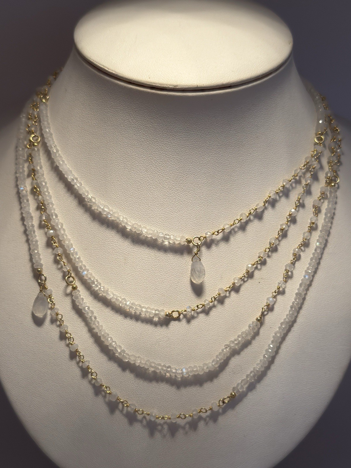 Sterling Silver 72” Hand Wire Wrapped Rainbow Moonstone Bead Necklace